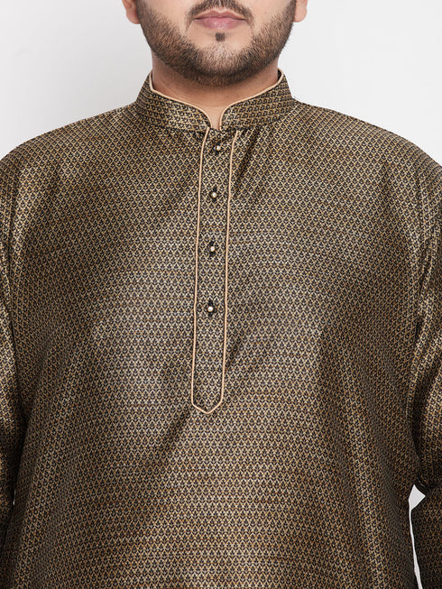 Vastramay Men's Plus Size Black Woven Kurta And Rose Gold Dhoti Set